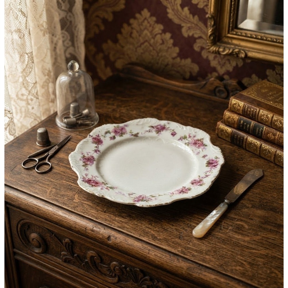 Antique Silesia Herman Ohme Porcelain Plate Pink Roses Gold Trim 6 Inch C.1900